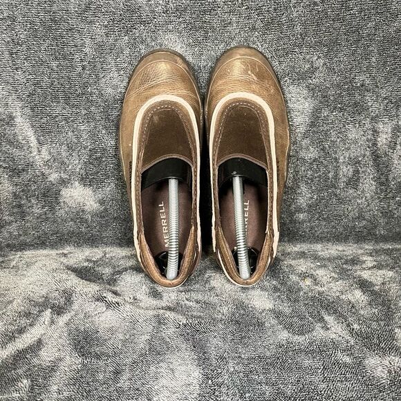 Merrell Willow Women's brown oiled leather w/beige slip on shoes size US 7 - Picture 8 of 9
